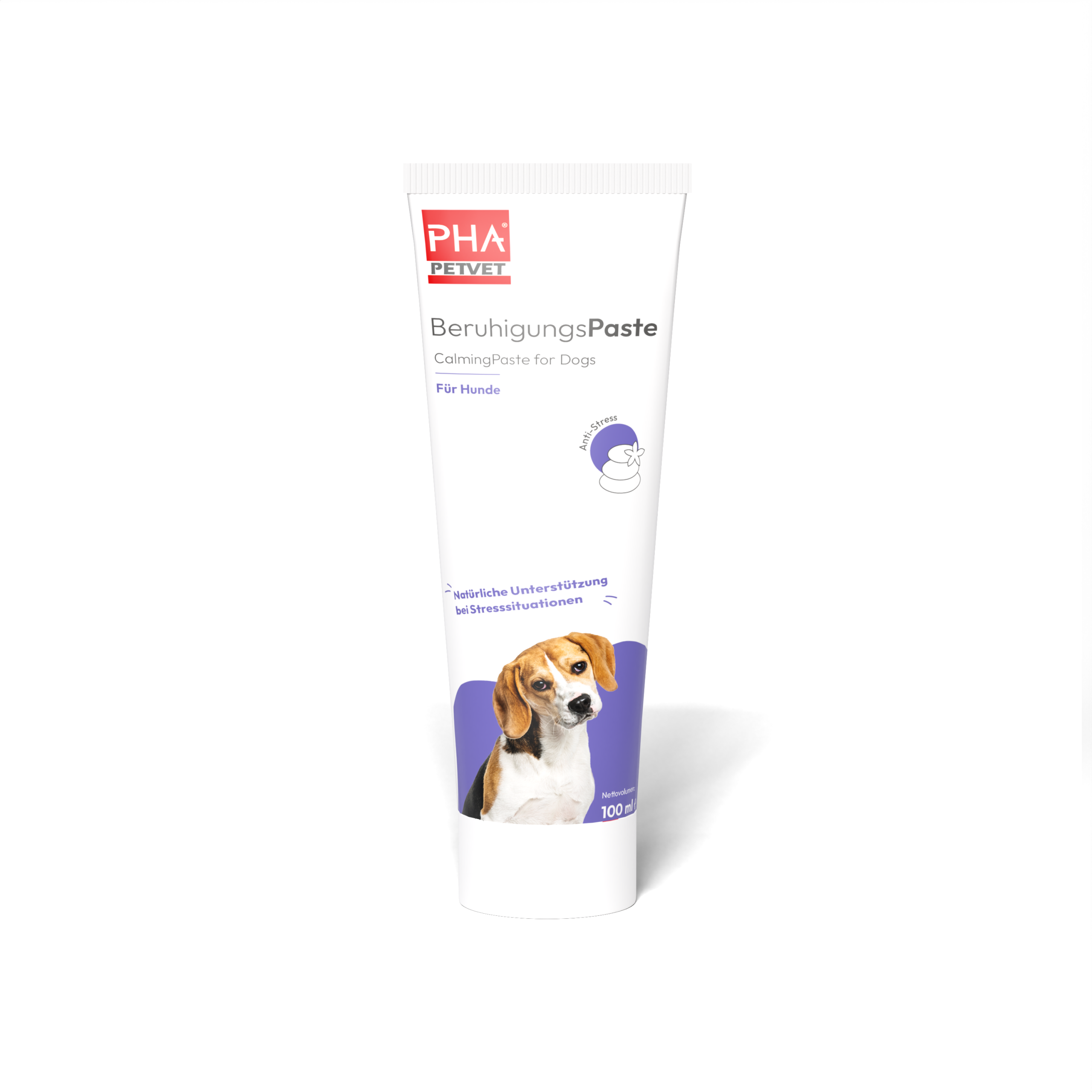 PHA BeruhigungsPaste Hunde 100 ml – Vorderseite Weiße Tube PHA BeruhigungsPaste für Hunde mit Beagle-Motiv und violettem Etikett